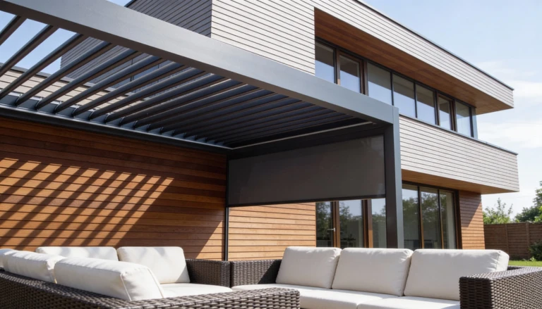 Modern, bioklimatikus pergola lehúzott oldalsó redőnnyel a rattan bútorokkal berendezett teraszon.