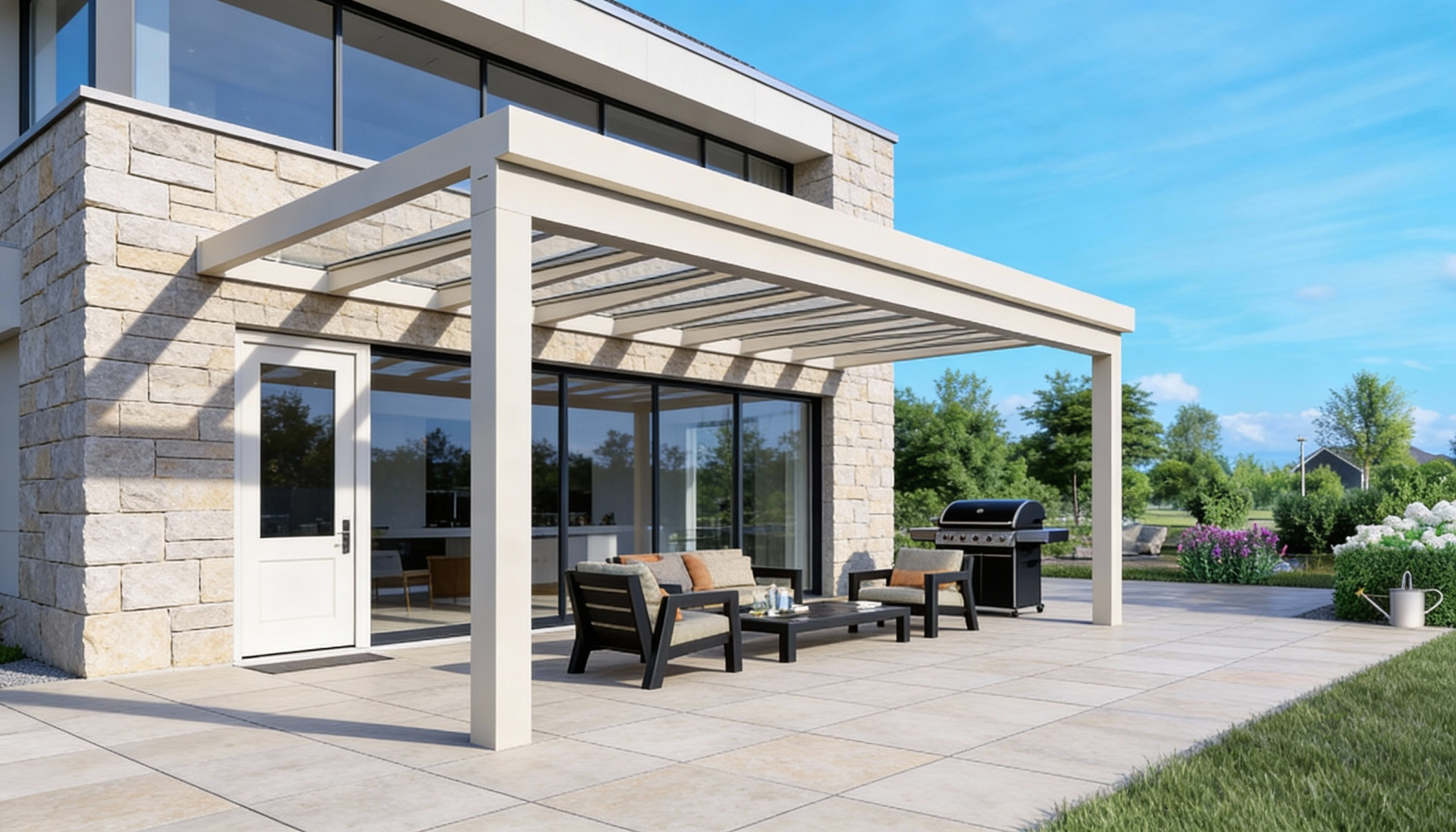 Modern, fehér alumínium pergola üvegtetővel egy családi ház teraszán, kültéri bútorokkal és grillezővel.