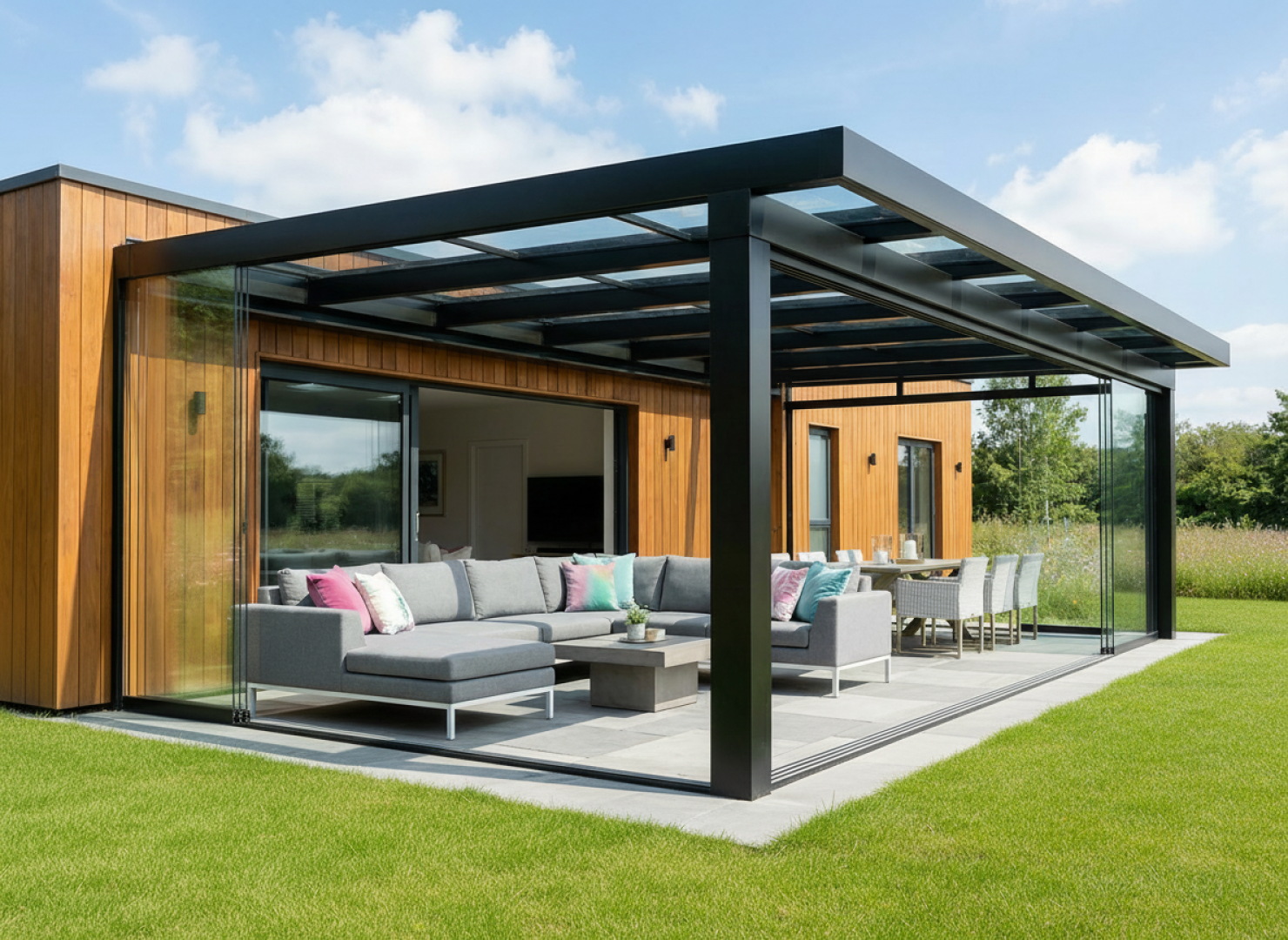 Modern, üvegezett pergola fekete alumínium vázzal és szürke kerti bútorokkal a faház teraszán.